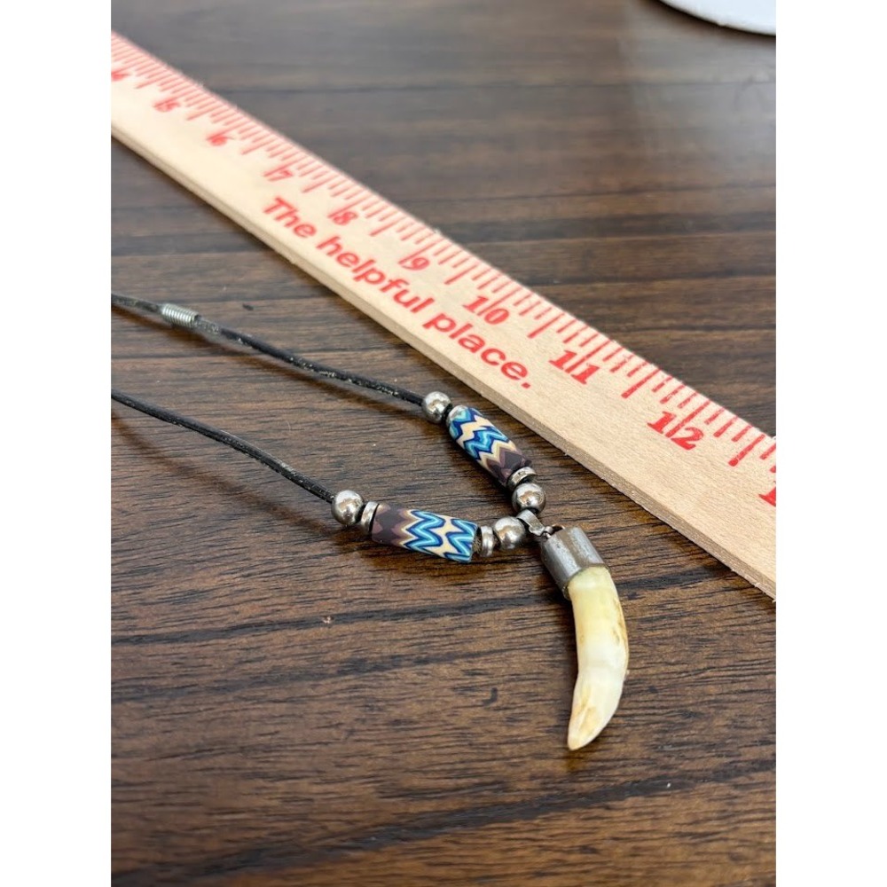 Vintage Tribal Tooth Pendant Necklace Black Cord Chevron Glass Trade Beads
